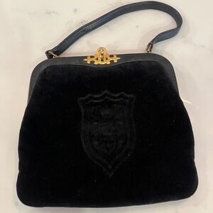 Vintage Block Black Velvet Bag with Shield/Crest, Leather Handle, Gold Tone Trim